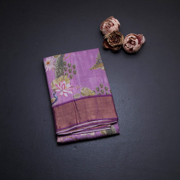 Pure Tussar Lavender Printed Saree Peacock With Floral Design