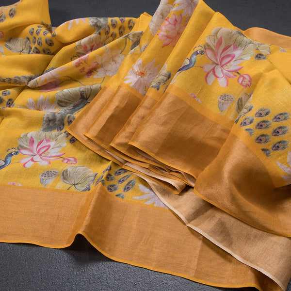 Pure Tussar Mango Yellow Printed Saree Peacock With Floral Design
