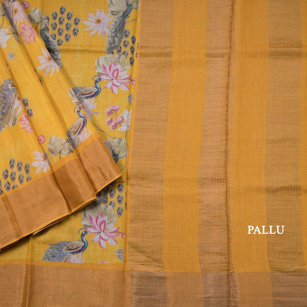 Pure Tussar Mango Yellow Printed Saree Peacock With Floral Design
