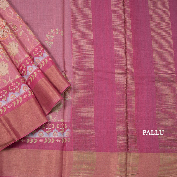 Pure Tussar Rose Pink Floral Printed Saree