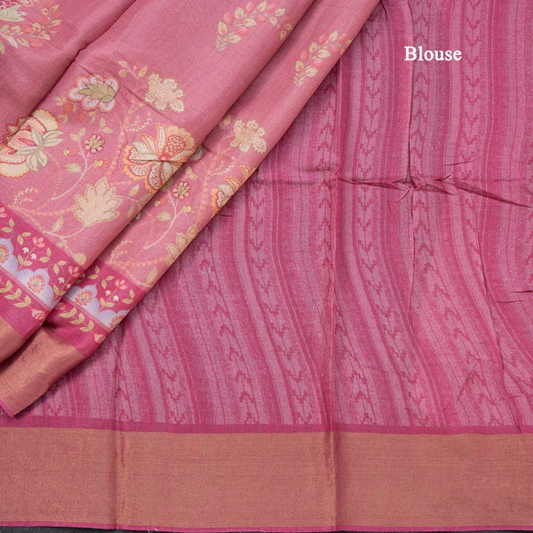 Pure Tussar Rose Pink Floral Printed Saree