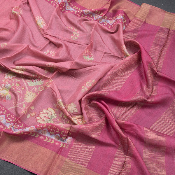 Pure Tussar Rose Pink Floral Printed Saree