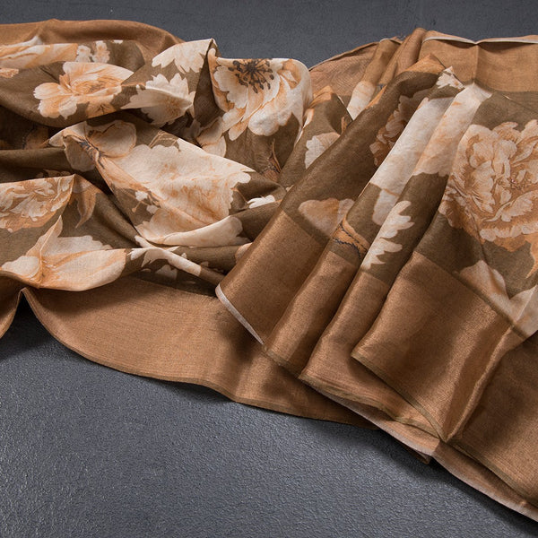 Pure Tussar Cinnamon Brown Floral Printed Saree 02