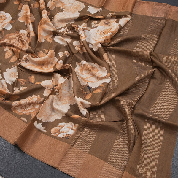 Pure Tussar Cinnamon Brown Floral Printed Saree 02