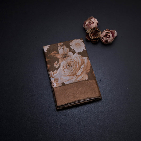 Pure Tussar Cinnamon Brown Floral Printed Saree 02