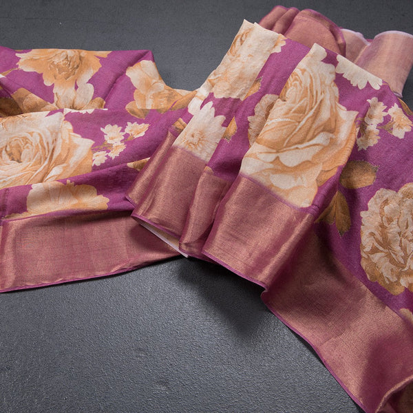 Pure Tussar Magenta Purple Floral Printed Saree