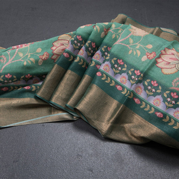 Pure Tussar Fern Green Floral Printed Saree