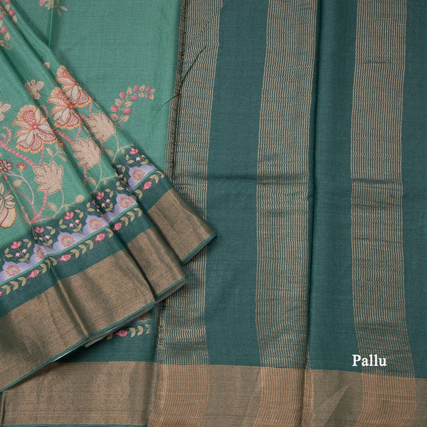 Pure Tussar Fern Green Floral Printed Saree