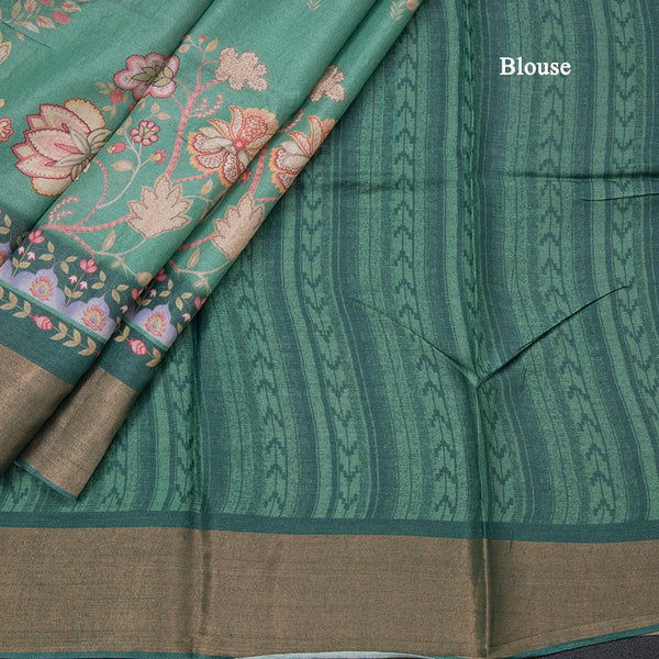 Pure Tussar Fern Green Floral Printed Saree