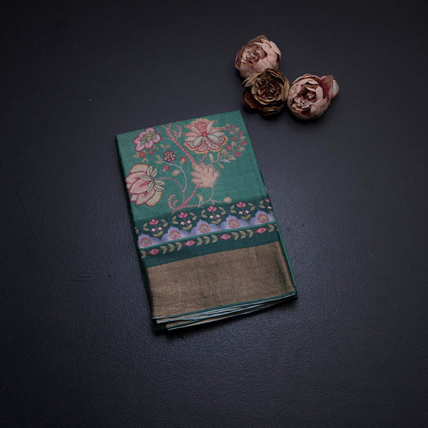 Pure Tussar Fern Green Floral Printed Saree