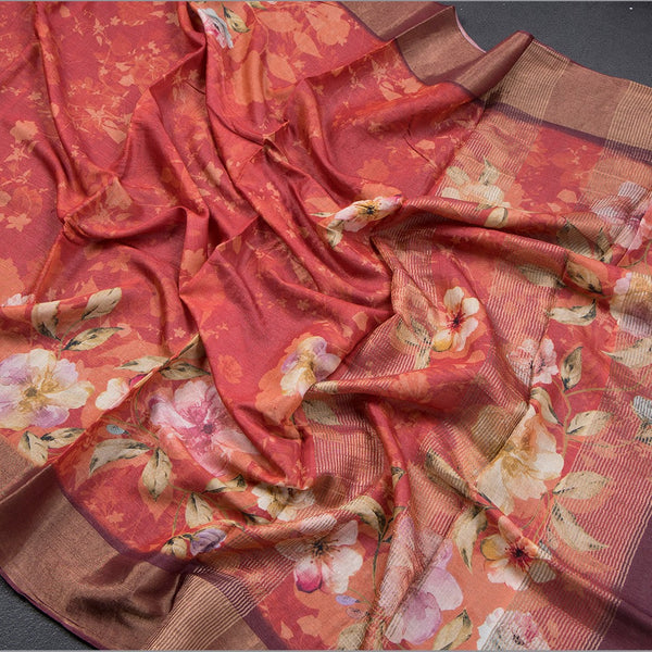 Pure Tussar Red Floral Printed Saree 02