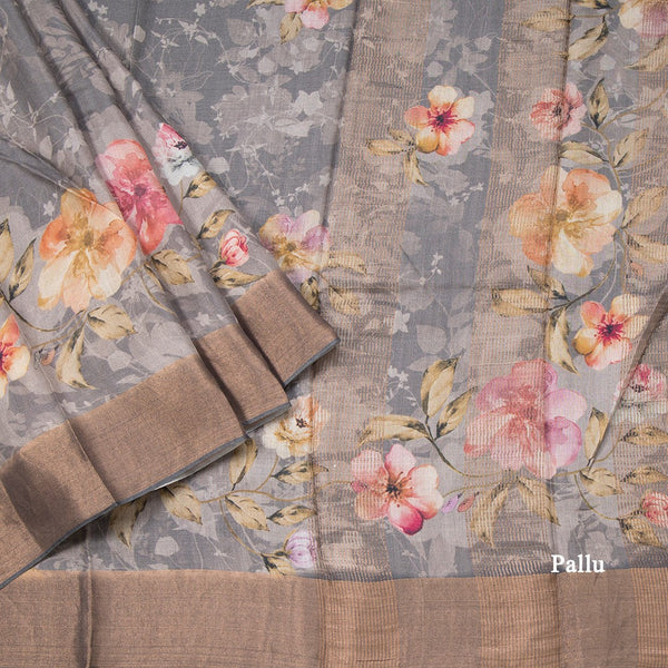 Pure Tussar Grey Floral Printed Saree 02