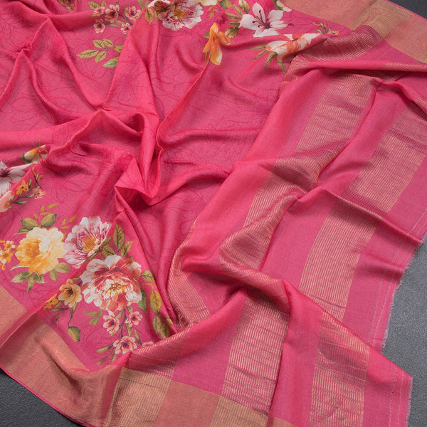 Pure Tussar Rose Pink Floral Printed Saree 02