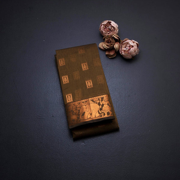 Silk Cotton Golden Brown Zari Worked Saree 03