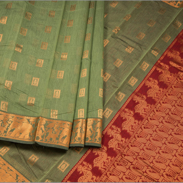 Silk Cotton Light Olive Green Zari Worked Saree