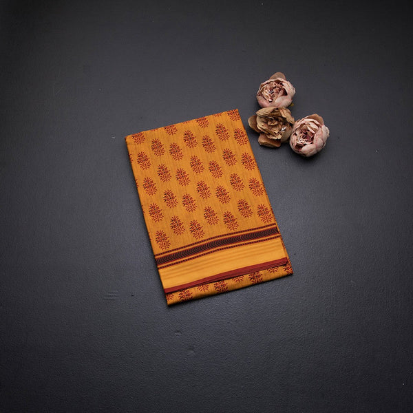 Chanderi Cotton Mango Yellow Printed Saree 02