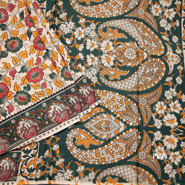 Kalamkari Cotton Cream Floral Printed Saree