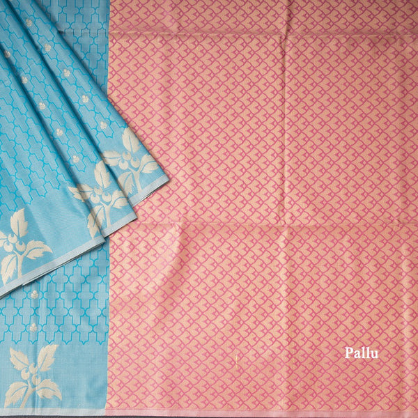 Semi Soft Silk Sky Blue Thread Work Saree With Zari Buttas 02