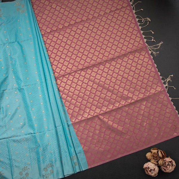 Semi Soft Silk Sky Blue Thread Work Saree With Zari Buttas 03