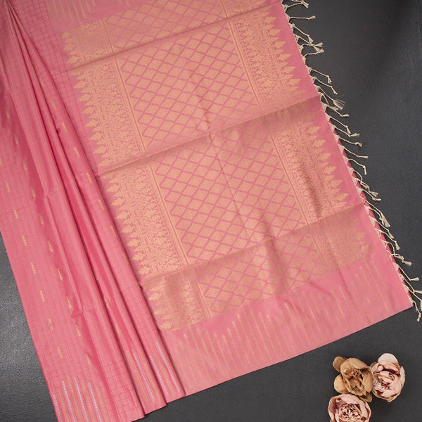 Semi Soft Silk Rose Pink Thread Work Saree With Zari Buttas