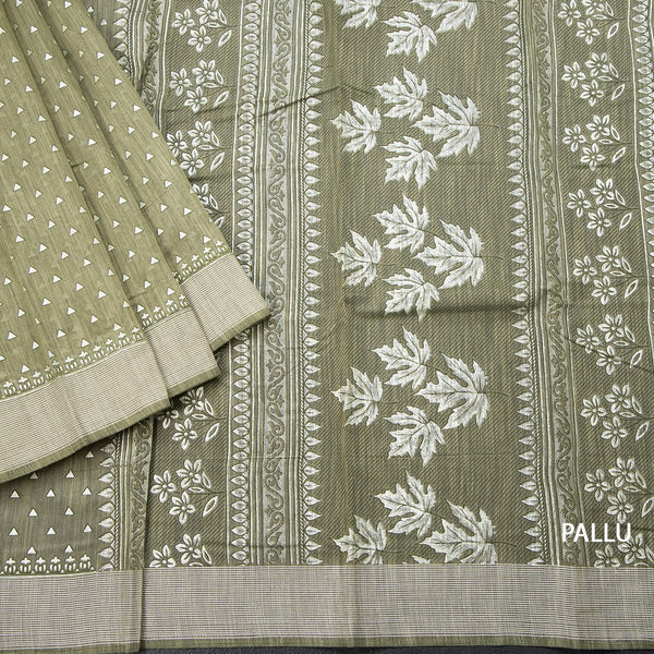 Chanderi Cotton Light Olive Green Printed Saree