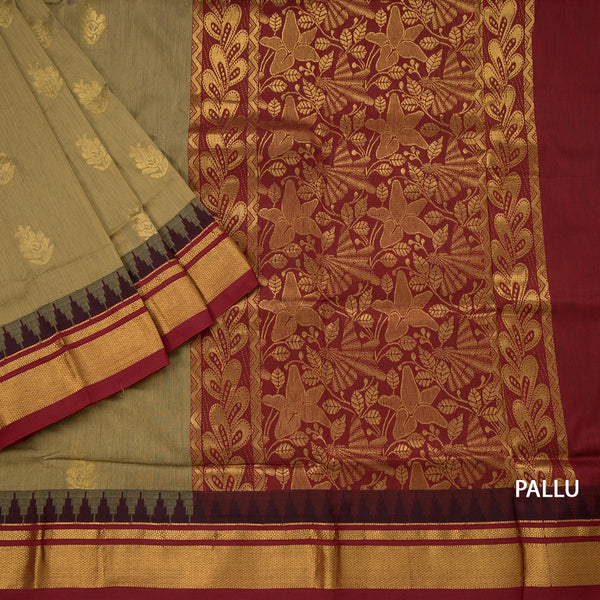 Kalyani Cotton Olive Green Saree With Zari Buttas And Temple Border 02