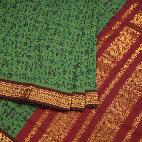 Kalyani Cotton Green Printed Saree With Zari Border