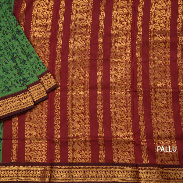 Kalyani Cotton Green Printed Saree With Zari Border