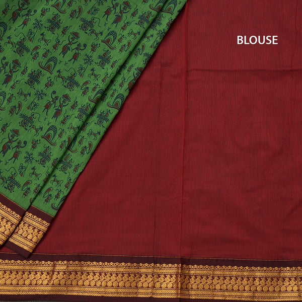 Kalyani Cotton Green Printed Saree With Zari Border