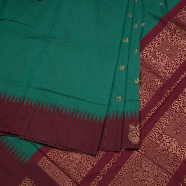 Kalyani Cotton Forest Green Saree With Zari Buttas And Temple Border