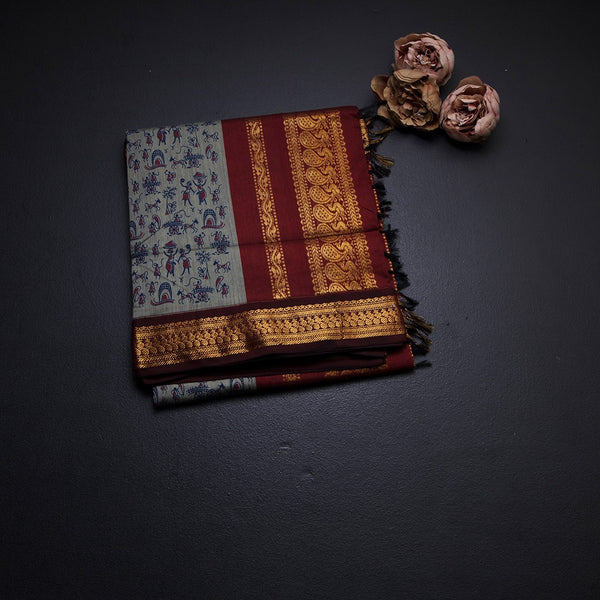 Kalyani Cotton Grey Printed Saree With Zari Border