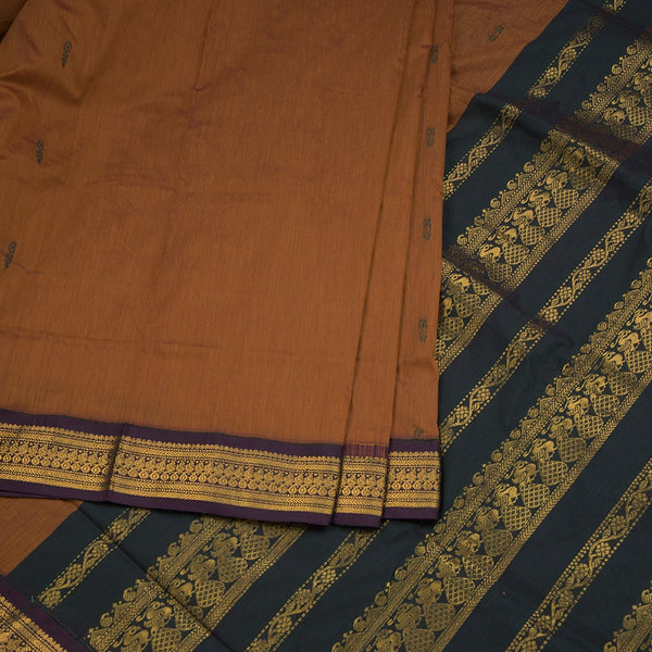 Kalyani Cotton Dark Mustard Saree With Small Buttas And Zari Border