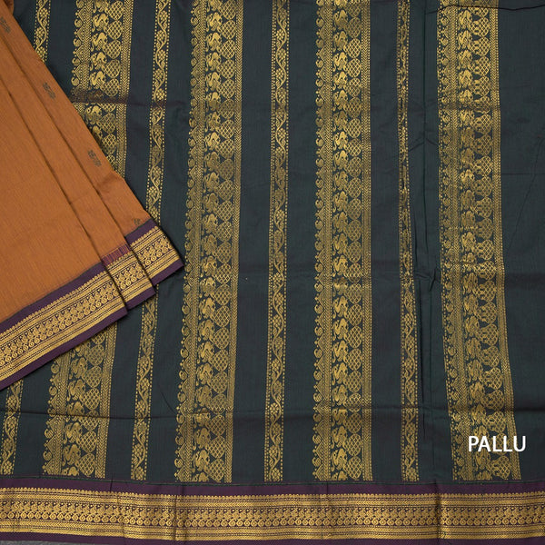 Kalyani Cotton Dark Mustard Saree With Small Buttas And Zari Border