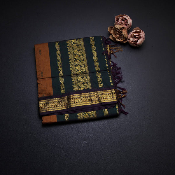 Kalyani Cotton Dark Mustard Saree With Small Buttas And Zari Border