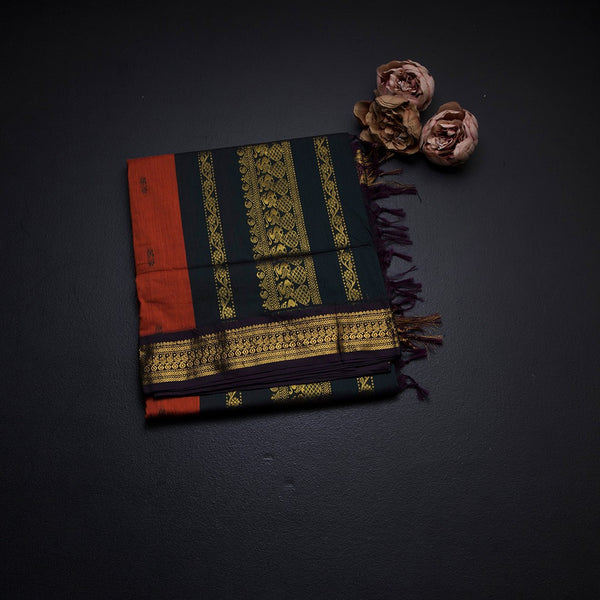 Kalyani Cotton Orange Saree With Small Buttas And Zari Border