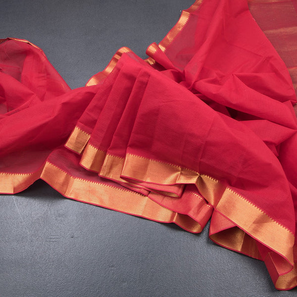 Mangalagiri Cotton Red Striped Saree With Zari Border