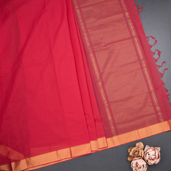 Mangalagiri Cotton Red Striped Saree With Zari Border