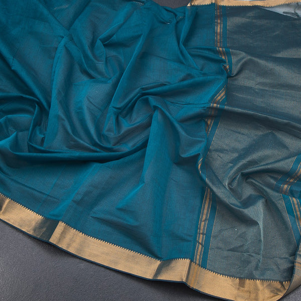 Mangalagiri Cotton Peacock Blue Striped Saree With Zari Border