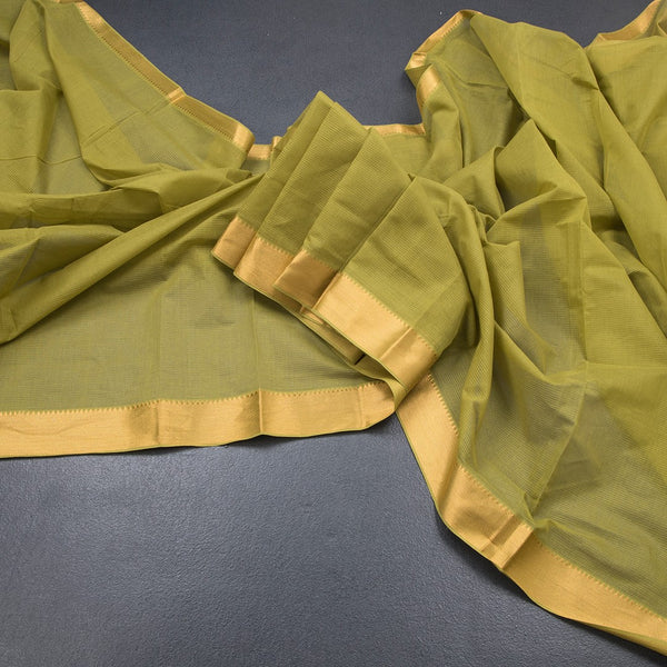Mangalagiri Cotton Pale Olive Green Striped Saree With Zari Border
