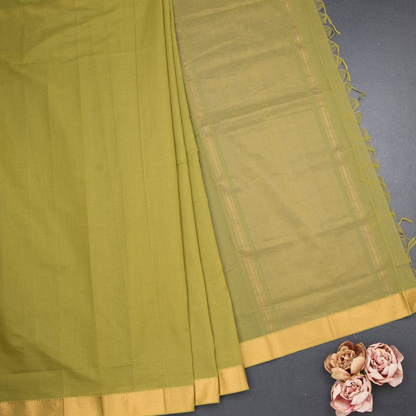 Mangalagiri Cotton Pale Olive Green Striped Saree With Zari Border