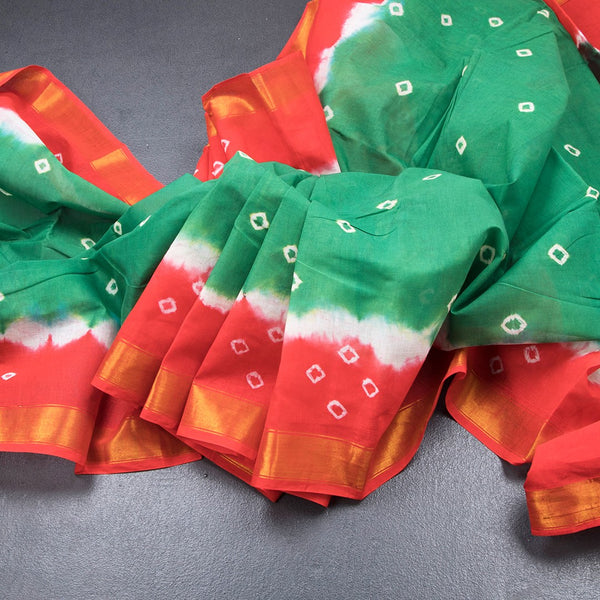 Sungudi Cotton Leaf Green Shibori Printed Saree With Blouse