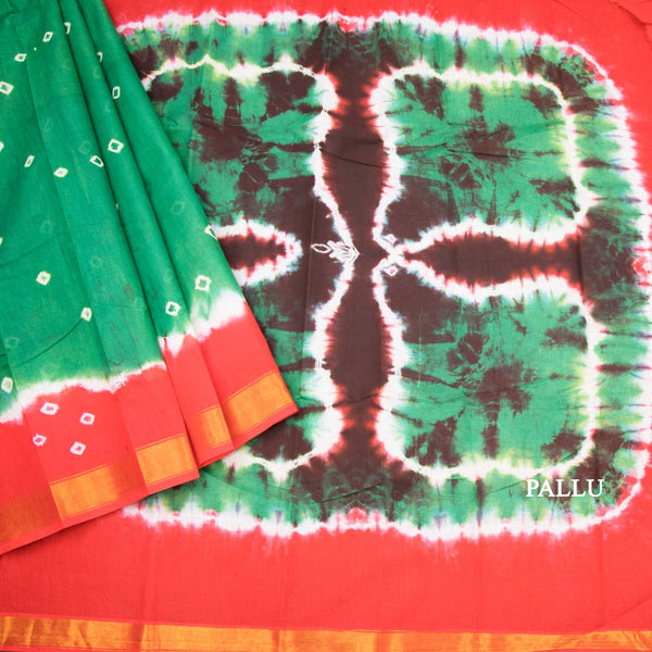 Sungudi Cotton Leaf Green Shibori Printed Saree With Blouse