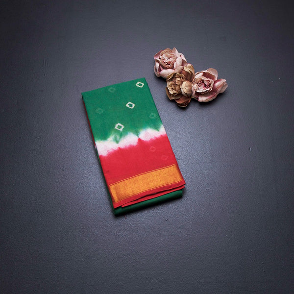 Sungudi Cotton Leaf Green Shibori Printed Saree With Blouse