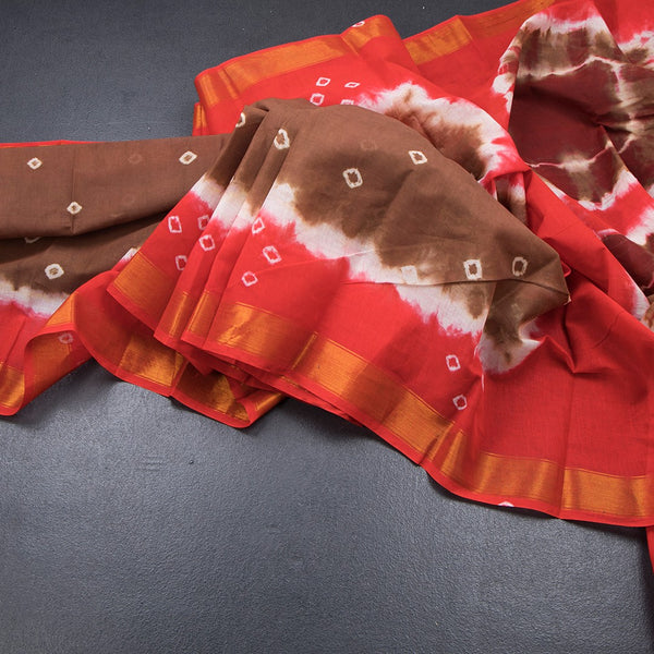 Sungudi Cotton Brown Shibori Printed Saree With Blouse