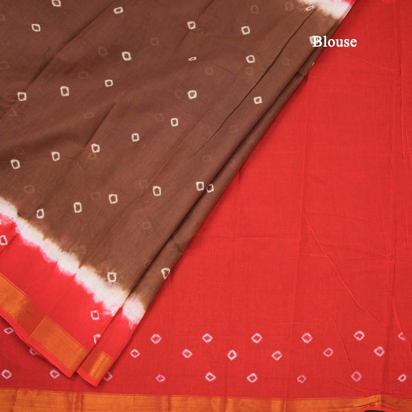 Sungudi Cotton Brown Shibori Printed Saree With Blouse