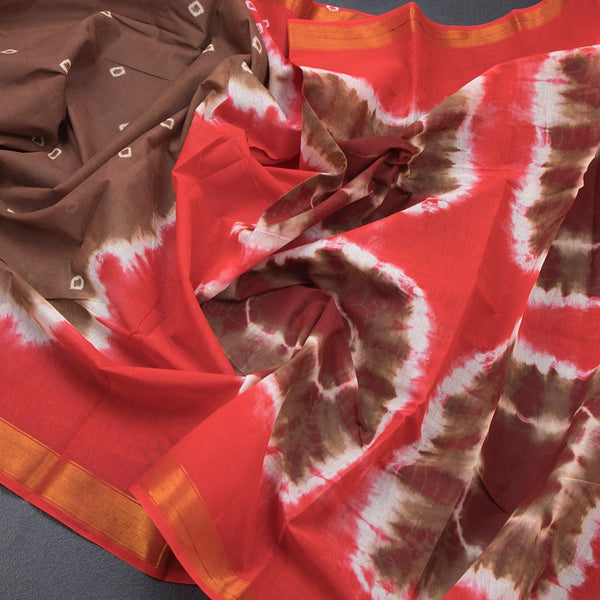 Sungudi Cotton Brown Shibori Printed Saree With Blouse