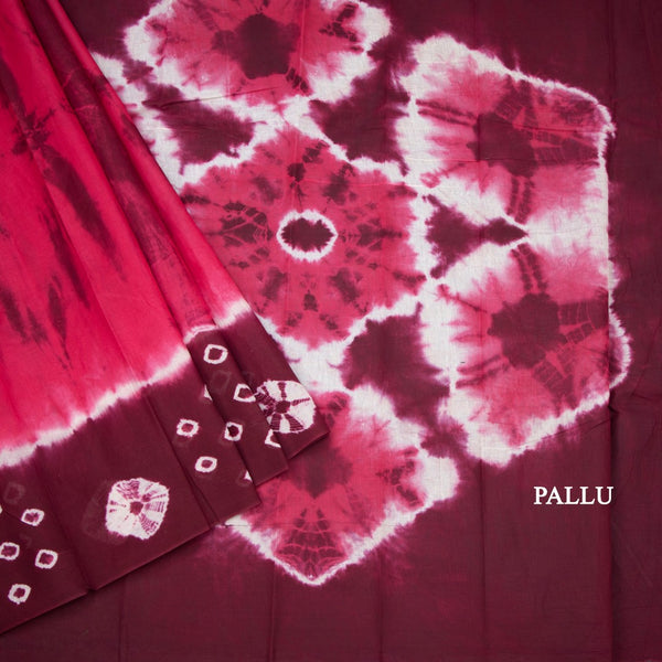 Sungudi Cotton Dark Pink Shibori Printed Saree With Blouse