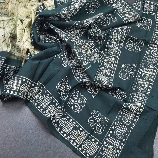 Sungudi Cotton Dark Green Shibori Printed Saree With Blouse