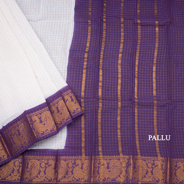 Sungudi Cotton White Zari Checked Saree With Purple Border