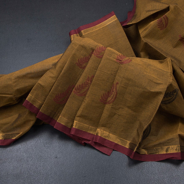 Chettinad Cotton Caramel Brown Thread Work Saree With Contrast Border